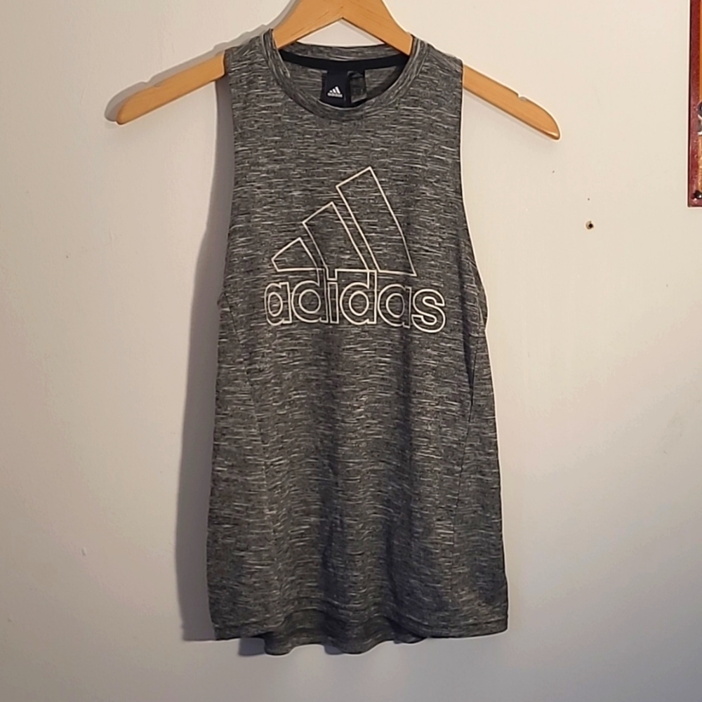 ⭐ $5 ⭐ ADIDAS Heather Grey Racerback Logo Workout Tank XS - Picture 1 of 5